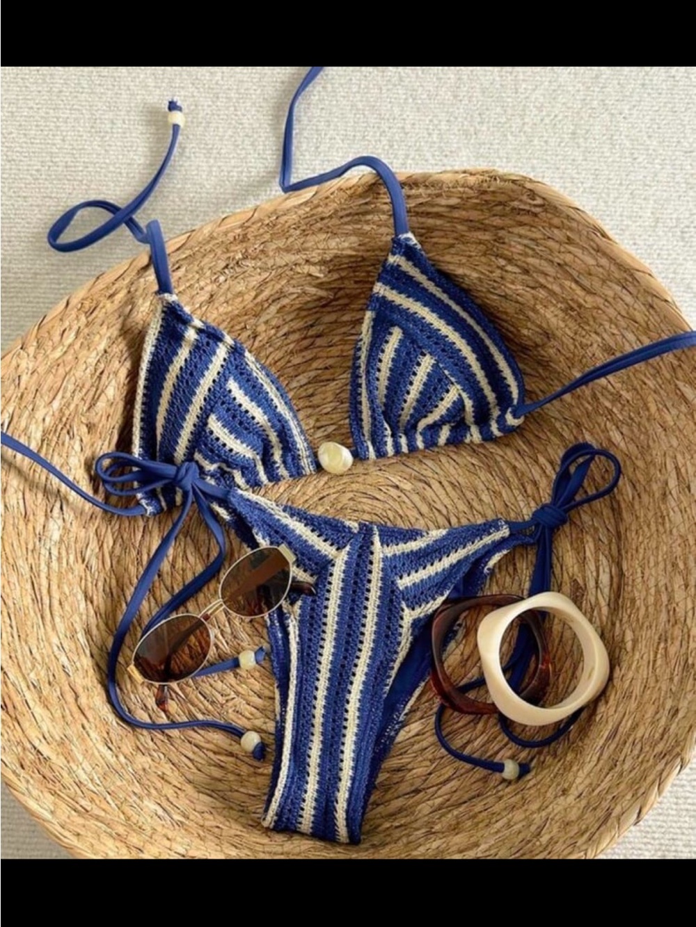 Blue & Cream Crochet Triangle Bikini Set - Women Swim